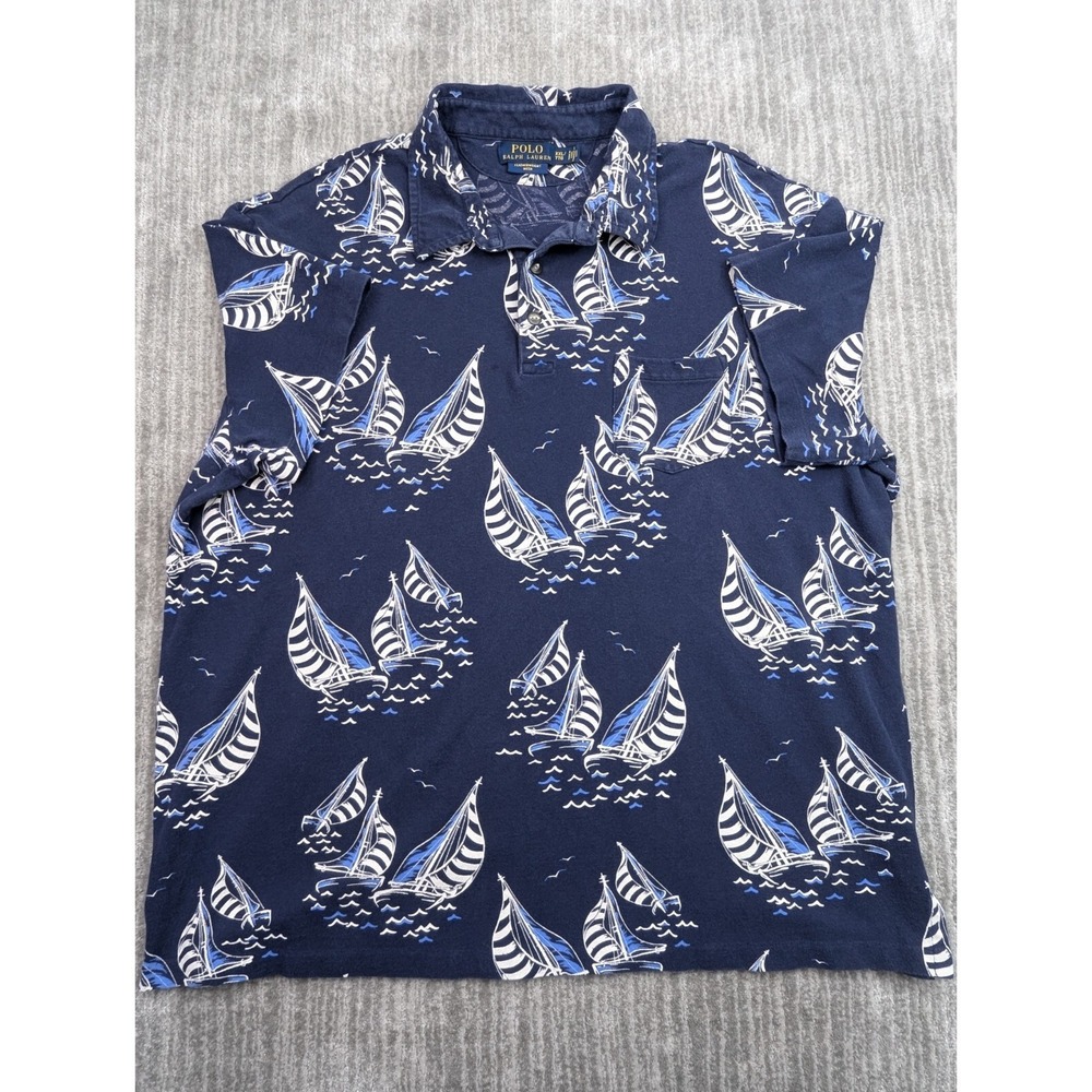 Polo Ralph Lauren Sailboat Print Polo Shirt Mens XL Blue Cotton Mesh Nautical